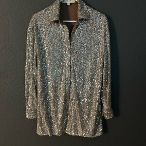Anthropologie Sequin Long Sleeve Mini Shirt Dress